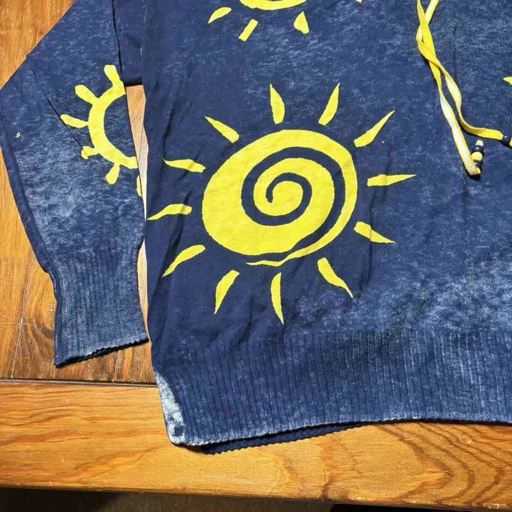 Minnie Rose Celestial Sun Blue Yellow Burnout Hoodie Cashmere Blend M Baja Boho